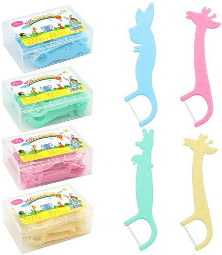 KASURE 160 Stück Zahnseide Sticks Kinder, Dental Floss Kids, Zahnseide Kinder für engen Zahnzwischenräume mit 4 Bunte Griffe in Tierformen, Dental Floss Sticks Zahnpflege (4x40 Stück)