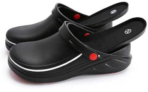 Lockenstab Ölbeständige Kochschuhe, Clogs Für Damen Und Herren, rutschfeste Küchenschuhe, Garten-Sicherheits-Arbeitsschuhe Mit Bequemer Sport-Einlegesohle(Black,39 EU)