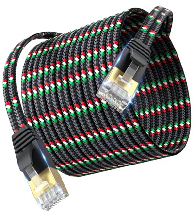 SNANSHI Cat 7 Ethernet Cable 7.5m - Flat Nylon Braided Desig, Easy Installation and Durability 10Gbps, Shielding Internet Cable with Gold-Plated RJ45 Connectors for Home, Office & Gaming