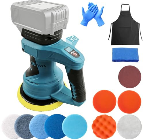 Mini pulidora compatible con Makita de 18 V, máquina pulidora de coche con 8 velocidades variables y 4500 rpm, esponja de pulido de 150 mm, juego de accesorios para coche, muebles, metal
