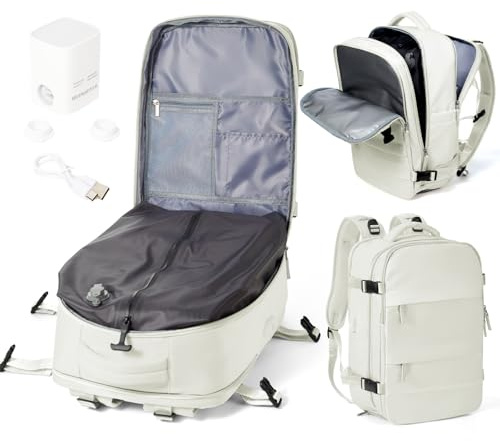 WEPOET Mochila de Viaje al Vacío con Bomba, Impermeable Mochila de Compresión al vacío, Mochila Viaje Cabina 40x30x20 Ryanair con Sistema de Compresión Hombre y Mujer Beis
