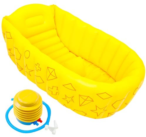 Baignoire pour bébé, gonflable, pliable, avec pompe à air, 90 x 55 x 30 cm, avec colonnes antidérapantes, pour nouveau-né, jaune