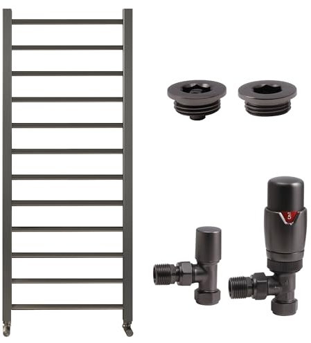 Gunmetal Bathroom Straight Heated Towel Rail Radiator 1200 x 500 with Angled Thermostatic Valves & Air Bleed Vent Set