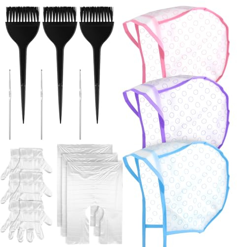 LXUEJIE 3 Sets Highlight Cap Kit, Hair Coloring Highlighting Cap for Dyeing | 3Pcs Hair Highlighting Caps, StylingTool, Disposable HairDyeShawl, Gloves, Dye Brush Highlight HairColoring Kit for SalonHome