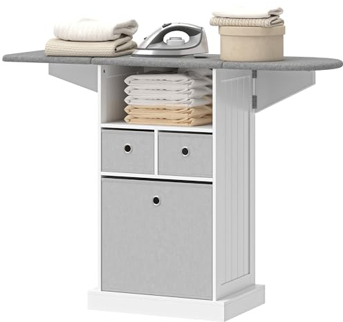HOMCOM Meuble à Repasser avec roulettes, Table à Repasser Pliable, Meuble à Repasser avec 3 tiroirs en Tissu, Compartiment Ouvert, 121 x 37 x 89,5 cm, Blanc