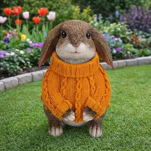 Online Fuchs Gartenfiguren für draußen süßer Hase mit Schlappohren und orangen Pullover - Deko Garten Figuren für Ostern, Frühling und Sommer – 19 cm groß – wetterfest