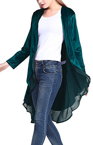 Urban CoCo Women's Long Sleeve Velvet Cardigan Coat with Asymmetric Chiffon Hem - Blue -