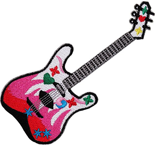 Aufnäher / Bügelbild, Motiv: E-Gitarre, Weiß / Pink