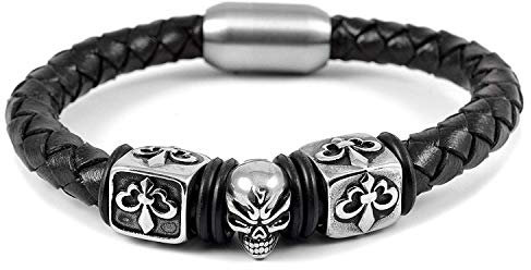 UrbanBijoux Bracelet homme cuir tressé et fleur de lys crane acier biker 22cm