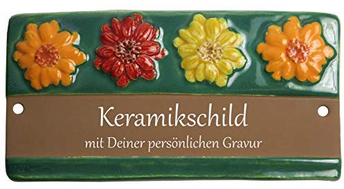 Handarbeit aus Schleswig-Holstein Keramikschild 16,5 x 8,5 cm Vier Blüten mit grünem Rand (braun)