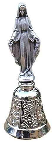 Campanello Liturgico. Campana Madonna Miracolosa placcata Argento. Protezione di Maria Contro Le malvagità e Le insidie del demonio. Statuina con campanella scacciaspiriti, scacciaguai. H 9 cm