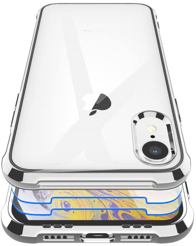 Garegce Hülle für iPhone XS/iPhone X,[2 × Displayschutzfolie] Transparent Stoßfest Durchsichtige HandyHülle TPU SchutzHülle,weich Silikon Flexibel Kratzfest Bumper case - Silber