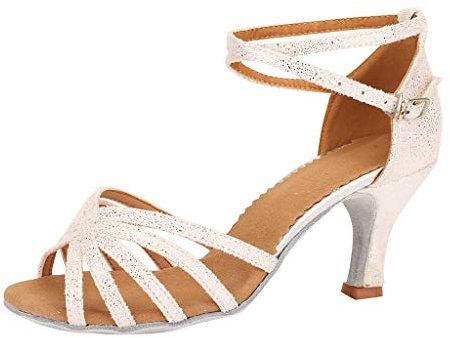 Deloito Damen Mode Elegant Ballsaal Tango Latein Salsa Tanzschuhe Party Hochzeit Sozial Pailletten Schuhe Weicher Boden Spitze Absätze Tanzschuh (37 EU, Weiß-H)