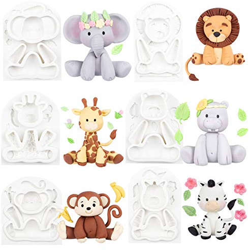Dschungeltiere Fondant Silikonform Elefant Löwe Giraffe Nilpferd Affe Zebra Epoxidharz Formen für Tortendeko Cupcake Topper 6er Set