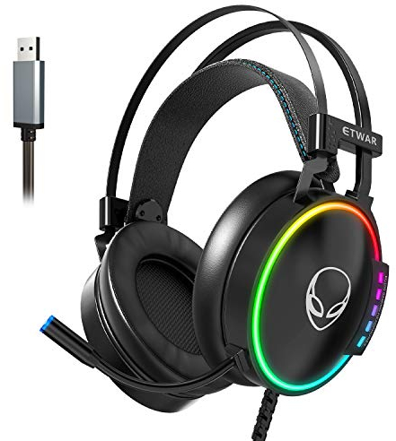ETWAR 7.1 Surround Sound USB Gaming Headset con microfono a cancellazione del rumore per Playstation, RGB Light Steelseries Frame cuffie compatibili con PC PS4 Laptop Mac iPad,EG10 nero