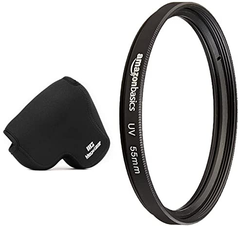 MegaGear MG1165 Custodia in Neoprene compatibilie con Panasonic Lumix DC-FZ82, DC-FZ70, FZ72 Nero & Amazon Basics Filtro di protezione UV 55mm
