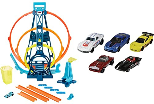 Hot Wheels GYP65 - Track Builder Unlimited Triple Loop Kit, Spielset ab 6 Jahren & 01806 5er Pack 1:64 Die-Cast Fahrzeuge Geschenkset, je 5 Spielzeugautos, zufällige Auswahl, ab 3 Jahren
