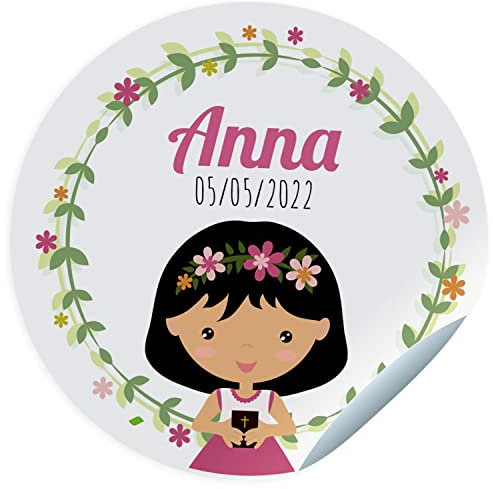 24 Etiquetas adhesivas comunión. Pegatinas personalizadas con nombre y fecha para los regalos de tus invitados. Tamaño 45 mm