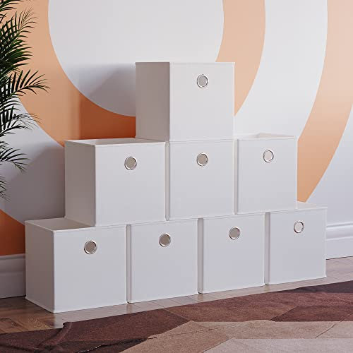 Vida Designs Durham Foldable Storage Cube Baskets Fabric Box With Metal Easy Access Handle Home Organiser (8 Pack, White)