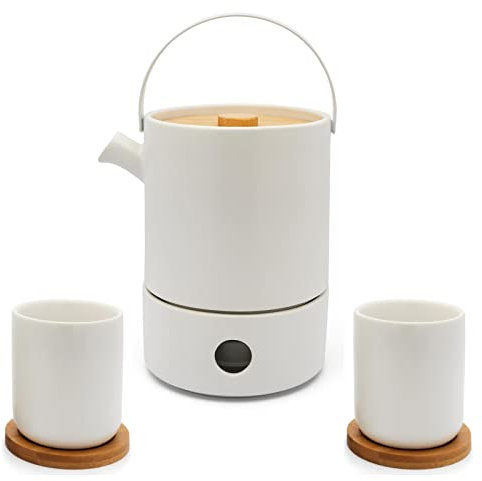 Bredemeijer Teekannen Set - weiße Keramik-Kanne 1.2 Liter & Tee-Filter Sieb-Einsatz für losen Tee & Stövchen & 2 Steingut Teebecher - 6-tlg.