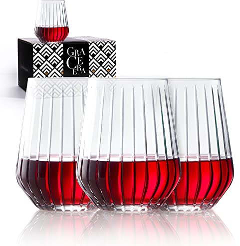 Grace Era Stemless Wine Glasses Set of 4 Beverage Cups, Zelda Collection, Wine Tumblers for Red and White Wine, Water Glasses, Drinking Glasses Unique Gift for Women, Men, Wedding