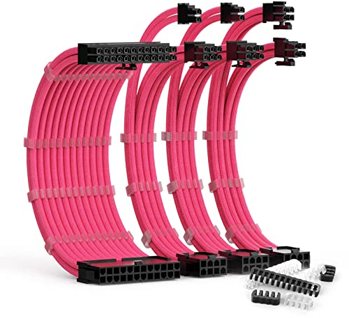 ABNO1 PSU Cable Extension Kit with Two Sets of Combs - 1x24Pin/1x8Pin(4+4) EPS/2x8Pin(6P+2P) PCI-E Cables, 30CM Length, Sleeved for ATX Power Supply (Pink)