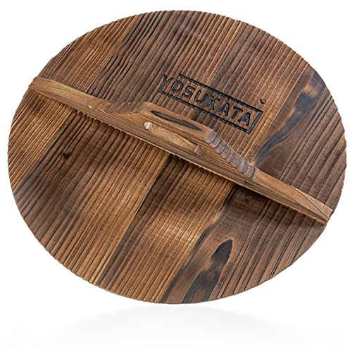 YOSUKATA Cast Iron Wok Cover 34 cm - Premium Pan Lid - Wooden Lid 34 cm in with Ergonomic Handle - Condensate-free - Durable Wok Accessories