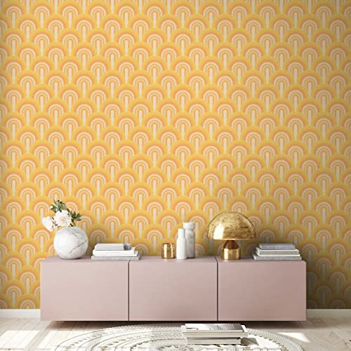 awallo Vliestapete Retro Vintage Muser gelb orange Wohnzimmer Schlafzimmer 10,05 x 0,53 m