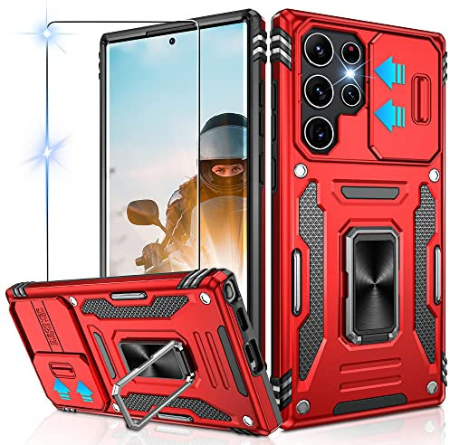 Jshru for Samsung S22 Ultra 5G Case with Slide Camera Cover [Camera Protection],Military Grade Shockproof S22 Ultra Case with Ring Kickstand, Anti-Scratch Cover for Samsung Galaxy S22 Ultra,Red