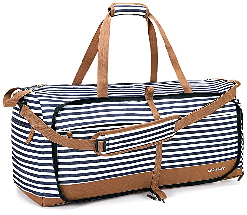 Lekesky Große faltbare Reisetasche – wasserdichte Reisetasche mit Schuhfach, Wochenend-Sporttasche für Damen und Herren, A-blau gestreift, 100 l