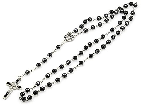 Kette Halskette Perlen Kette Kreuz 6mm Hämatit Länge ca. 70cm Perlen Perlenhalskette Rosenkranz Damen Herren