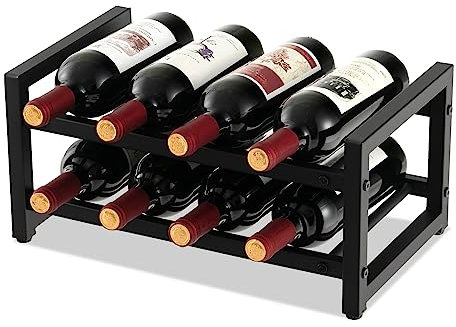 GOPLUS Porte-Bouteille à 2 Niveaux pour 8 Bouteilles, Casier à Vin en Métal Antirouille avec Tapis de Pieds Réglables, Étagère à Vin à 2 Étages Robuste, pour Cuisine, Bistrot, Cave, Noir
