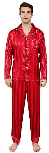RuanMM Ensemble Pyjama en Satin Soyeux pour Homme, Haut à Manches Longues et Pantalon Long, vêtements de Nuit Soyeux pour Homme (Bande Rouge-M)