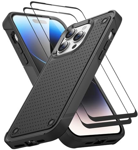 Jeylly for iPhone 15 Pro Case 6.1'', with 2pcs Tempered Glass Screen Protector, Heavy Duty Shockproof Slim Silicone Bumper Hard Plastic Back Hybrid Protective Phone Case for iPhone 15 Pro 2023, Black