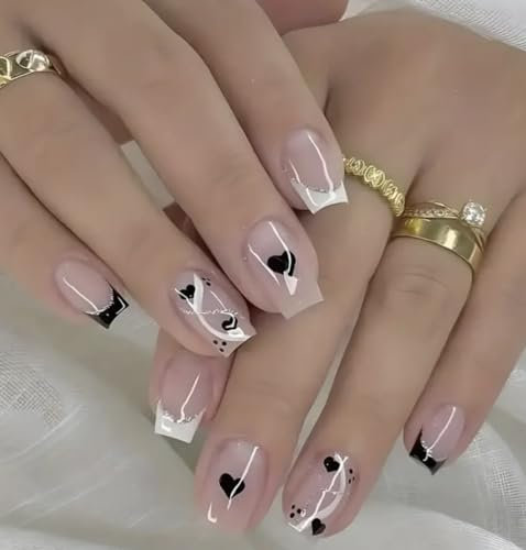 Valentines Heart Fake Nails Black & White Heart Press On Nails Set of 24 with Gel Stickers and Glue
