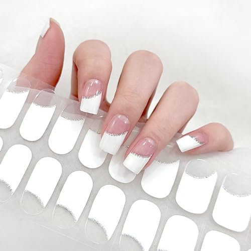 Maggidea French Semi Cured Gel Nails Strips 22 Stickers Nail Wraps Soft Self-Adhesive Gel Nail Stickers Salon-Quality Gel Nail Strips For Nails Manicure UV/LED Lamp Required (111-Slanting French)