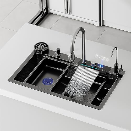 75 * 45 cm Wasserfall-Küchenspüle, schwarze Küchenspüle, LED-Temperaturanzeige, 304 tiefer Edelstahl, Nanobeschichtung, Schneidebrett – schön, langlebig und vielseitig