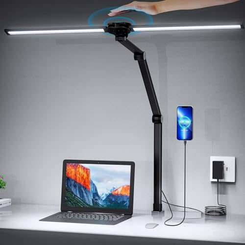Tyonto 1300LM Lampada da Scrivania LED 24W 76CM a Doppia Testa Dimmerabile Controllo Gestu, Lampada da Monitor con Morsetto Braccio Girevole Lampada da Scrivania USB Ricaricabile per Ufficio a Casa