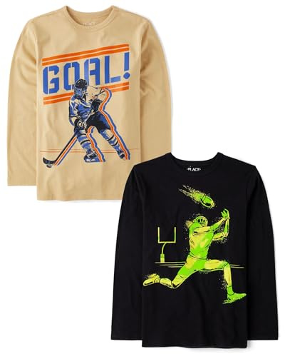 The Children's Place,Boys,Sports Long Sleeve Graphic T-Shirts,Multipacks,Hockey Goal/Football Neon 2-Pack,Medium