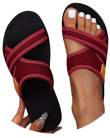 Onsoyours Sandales Plates Femme Été Tongs Confortable Maille Nu Pieds Bout Ouvert Chaussures Orthopedique Sandales Pantoufles de Plage Vacances Slippers A Vin Rouge 42 EU