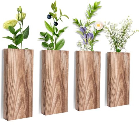 Eryvik Wooden Wall Planter,Set of 4 Wood Vase Wall Mounted, Farmhouse Hanging Planter for Living Room Bedroom Bathroom Decor(Greenery no Included) (Retro)