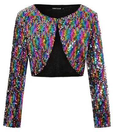 LADI TREND Vintage Spark Sequin Shrug Bolero Long Sleeve Glitter Crop Fully Lined Jacket Hock Button Essential Parties Night Out Top for Women (Multi Color L)