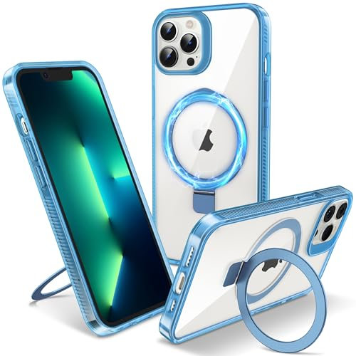Flyzoo Cover Magnetica per iPhone 13 Pro con Supporto Stand ad Anello, [Protezione Antilngiallimento & Antiurto] Custodia Trasparente Posteriore Hard PC Case con Silicone Bordo, 6.1'', Clear Blu