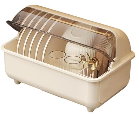 jopiuieo Dish Drying Rack With Lid, Dish Drain Storage Box, Space Saving Dish Drainer Cover PlasticDish Drying Box Multifunctional Space Saving Dish Drainer For Kitchen Accessories (Apricot L)