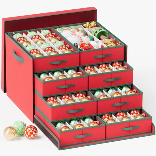 Mutool Christmas Bauble Storage Box With Dividers, 144 Compartment Xmas Ornament Storage Container with 8 Removable Tray, Large Christmas Storage Bins,Perfect for Holiday Decorations (Red)