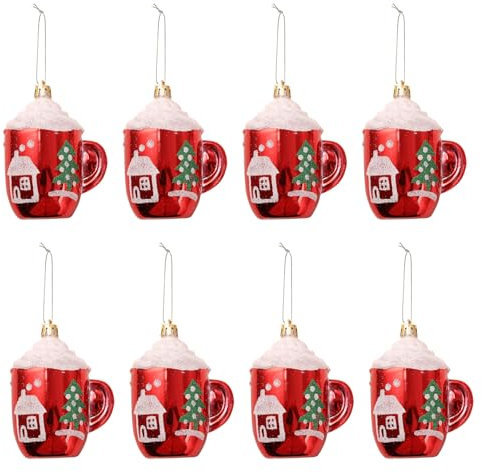 YIEUR 8 Stück Weihnachtskugeln rot weiß Weihnacht Anhänger Plastik, 11cm Christbaumschmuck mit Bindeschnur, Weihnachts Dekoration Weihnachtsbaum Charms für Tannenbäume Fensterschmuck (Becher)