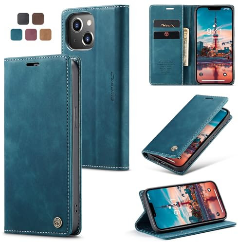 Cracedily for iPhone 14 Plus Case, Wallet Case Flip Leather with Card Holder Magnetic Closure Shockproof Kickstand Protective Phone Cases Cover for iPhone 14 Plus, Blue-Green
