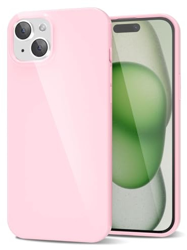 LoeoeL for iPhone 15 Plus Phone Case Liquid Silicone, Cute Girly Thin Ultra Slim Jelly Soft Rubber Gel Protective Glossy Hard Plastic Case, Plain Solid Color Cover for Women Girl, Light Pink