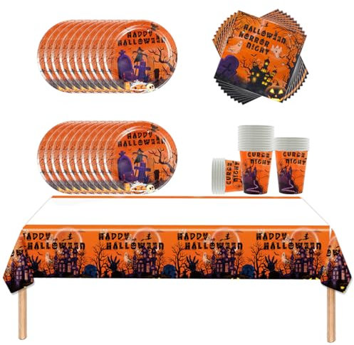 Fuwraixis 61 Piezas de Vajilla Temática de Halloween Decoración de Fiestas Infantiles Juego de Vajilla Incluye Manteles Servilletas de Papel Platos de Papel Para 20 Invitados
