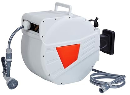 Chiidou 30m Hose Reel, Wall Mounted Garden Hose with 9 Function Spray Nozzle, Auto Rewind, Any Length Lock, 180°Swivel, Outdoor Watering